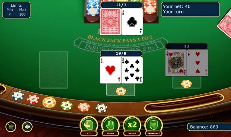 Giao diện chơi Blackjack tại VN88